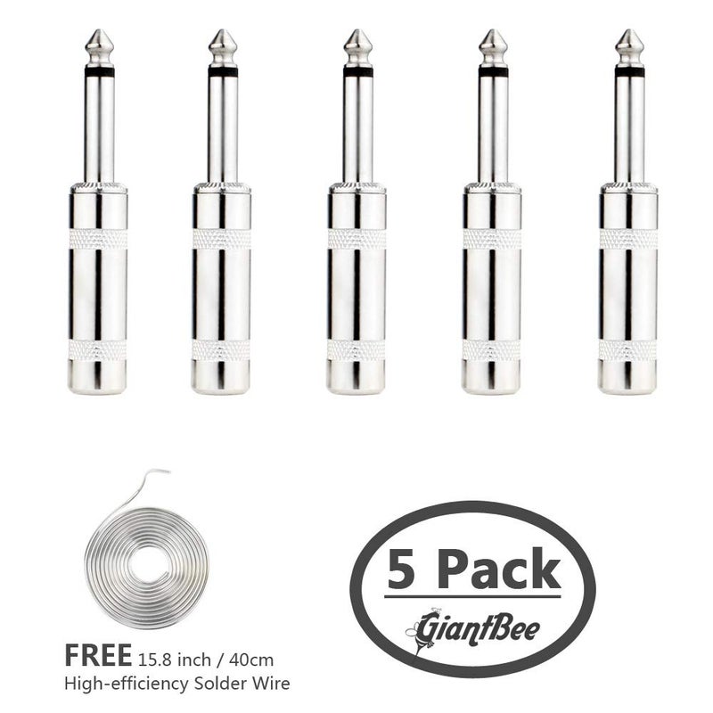 GiantBee 1/4" Audio Plugs 6.35mm Plug TS Male 1/4 inch Solder Type Mono Plug Straight Design Connector for DJ Mixer Speaker Guitar Cables Phono Patch Cable Microphone Cables (5 Pack) GiantBee (Straight TS) - Image 2